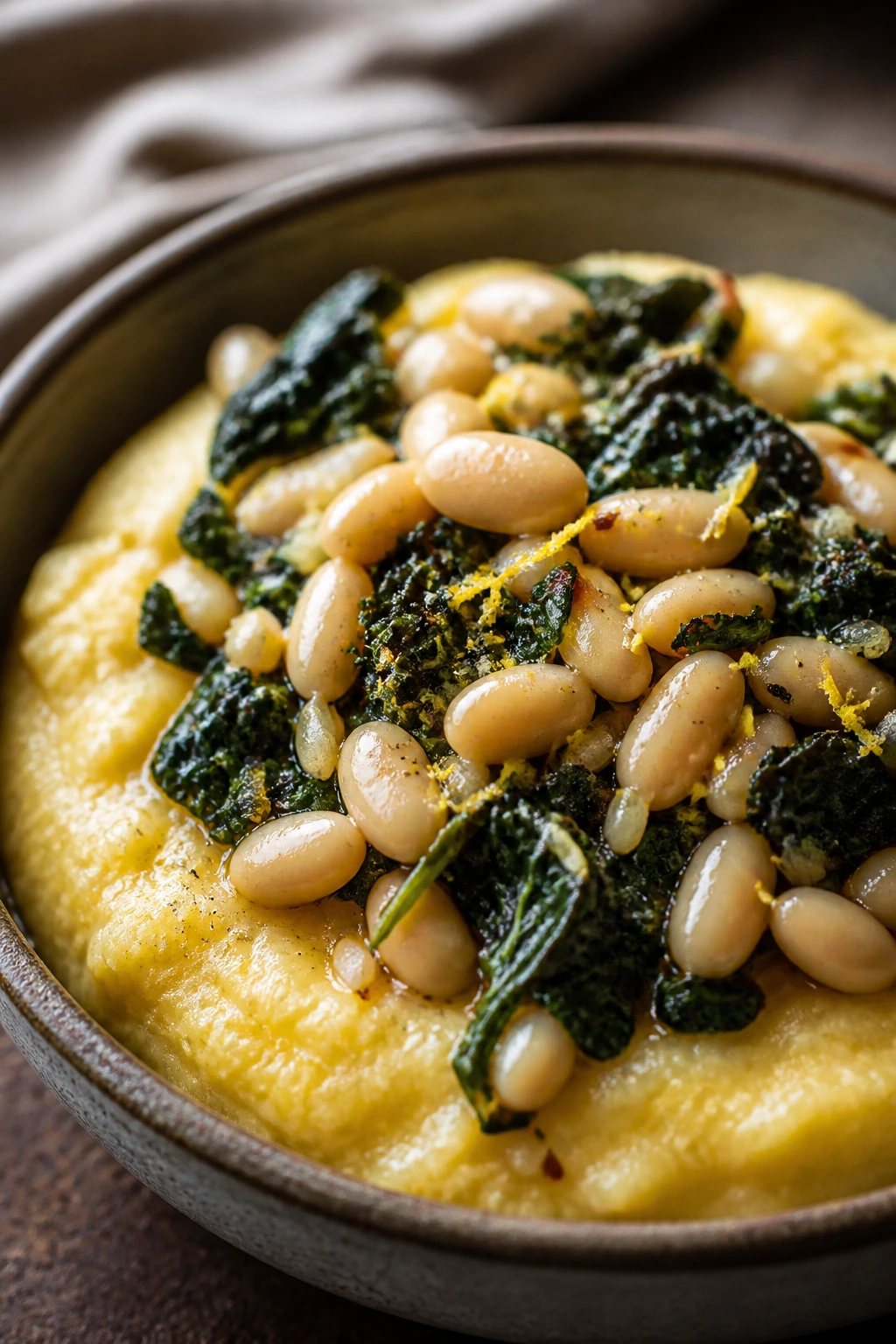 Polenta topped with kale and white beans in a rustic bowl
