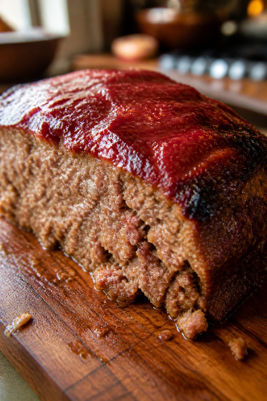 Close-up of classic ketchup-glazed meatloaf slice on a cutting board