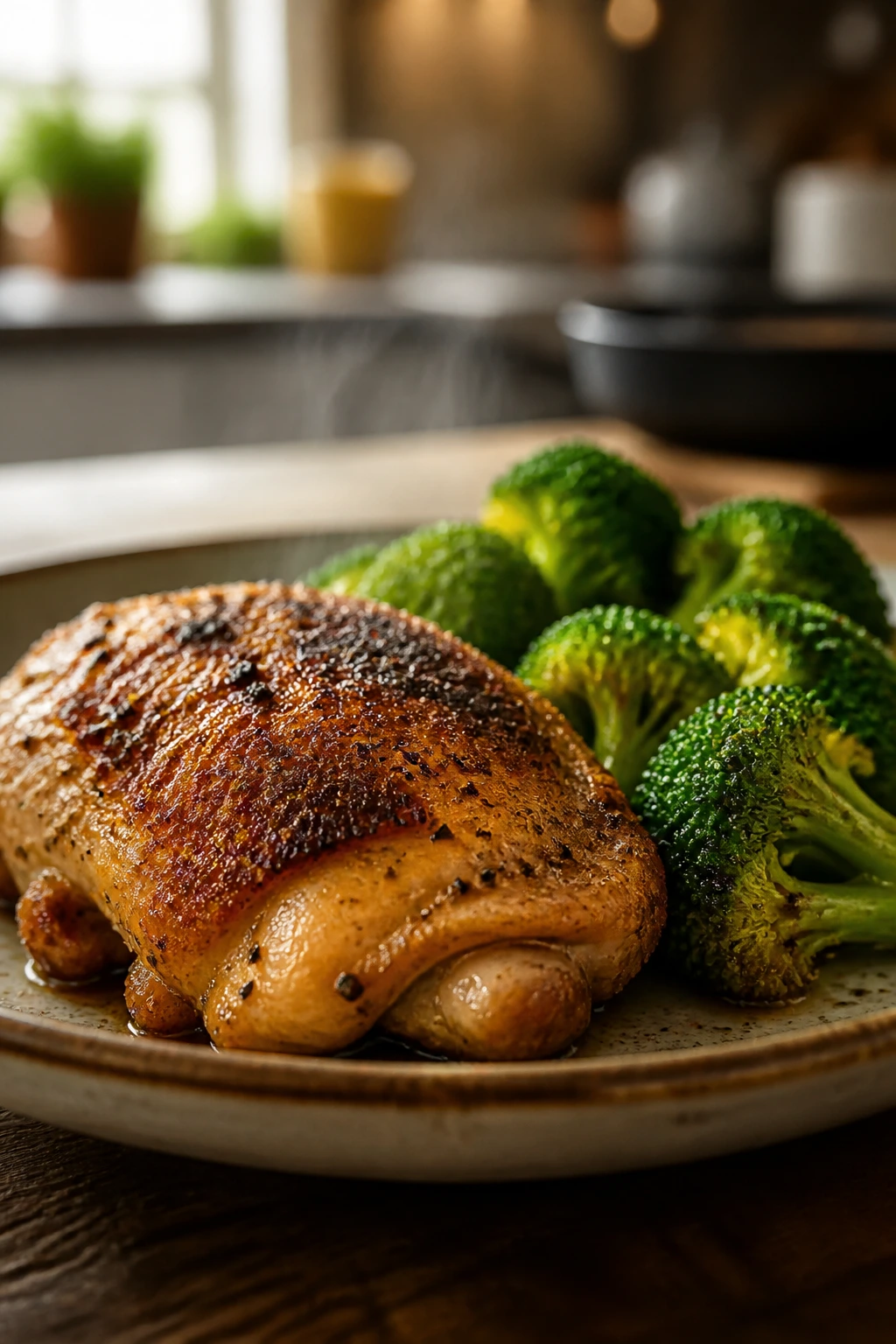 Close-up of a keto dinner plate with crispy chicken thigh and broccoli in a warm kitchen