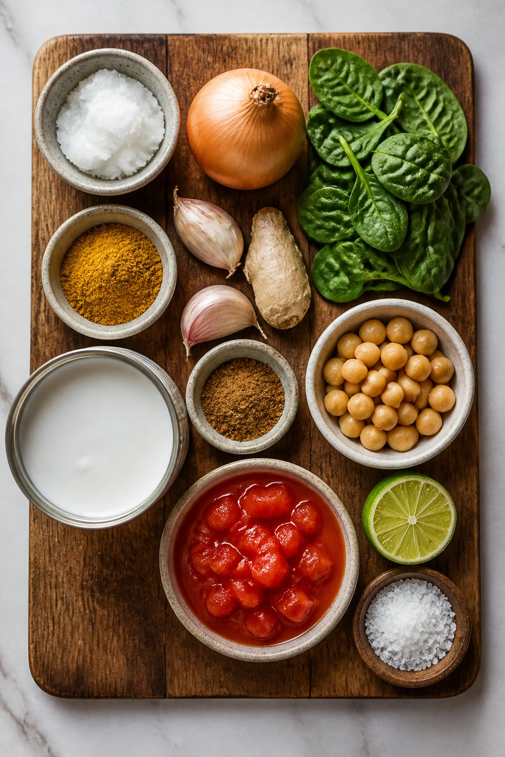 Top-down view of key curry ingredients arranged on a wooden board