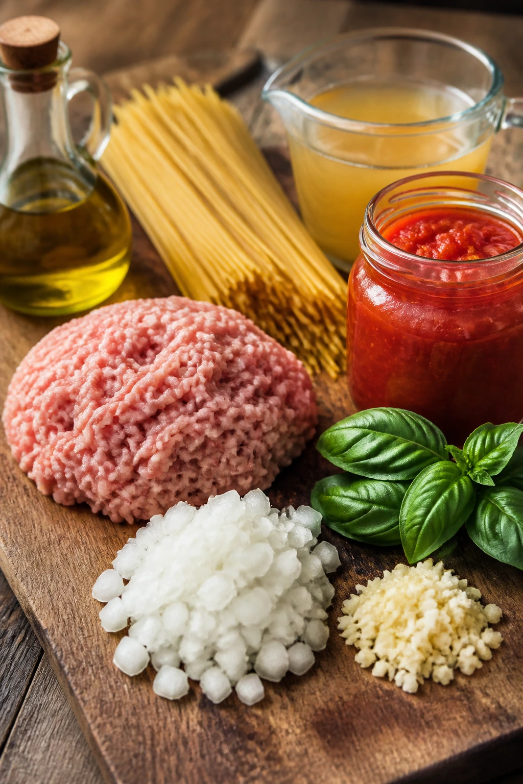 Close-up of key ingredients for the recipe: olive oil, ground turkey, onion, garlic, tomatoes, broth, spaghetti, basil