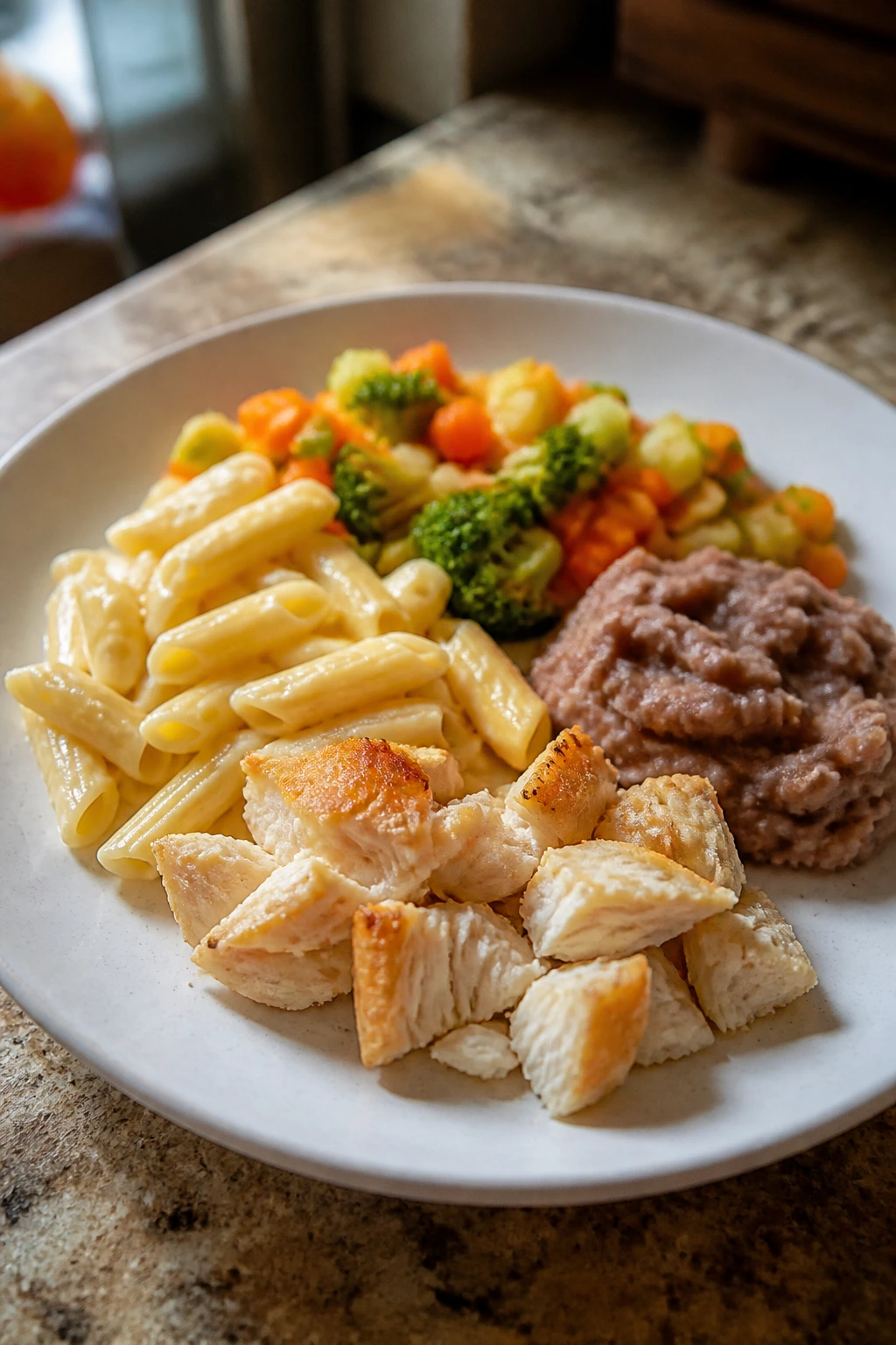 Close-up plate of toddler-friendly dinner with soft textures and mild flavors in cozy kitchen