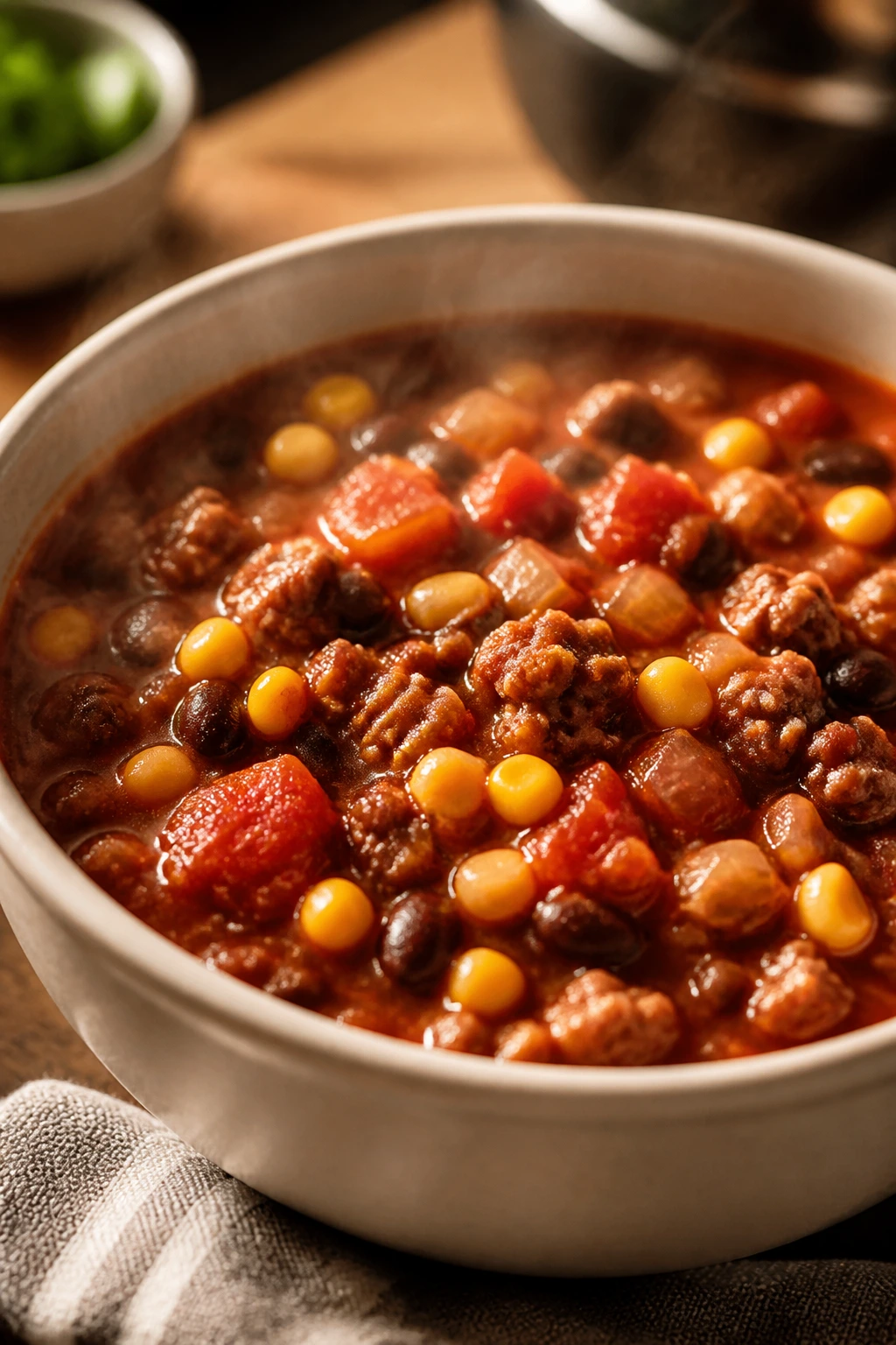 Steaming bowl of taco soup with beef and beans