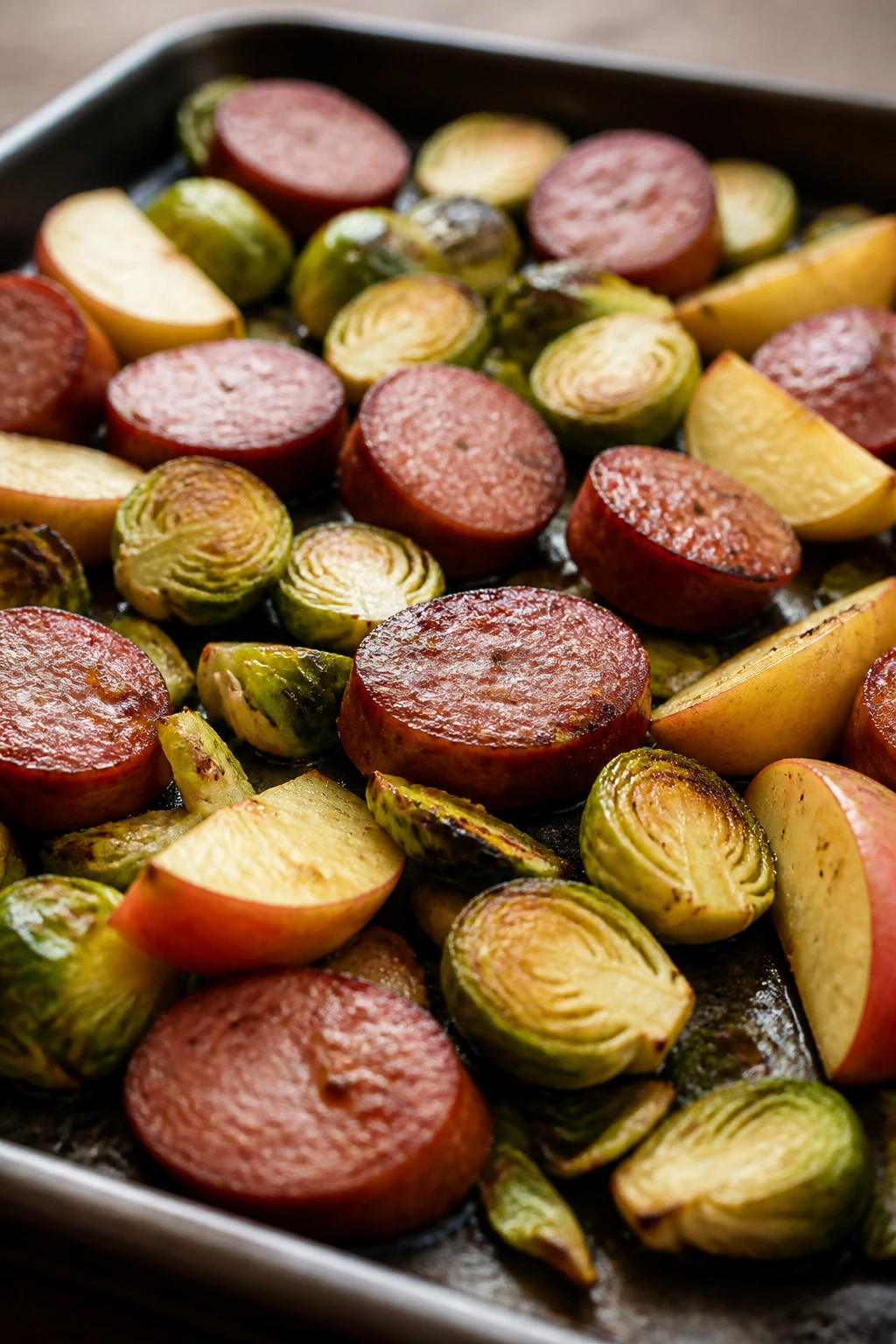 Close-up of kielbasa with Brussels sprouts and apple wedges on a sheet pan
