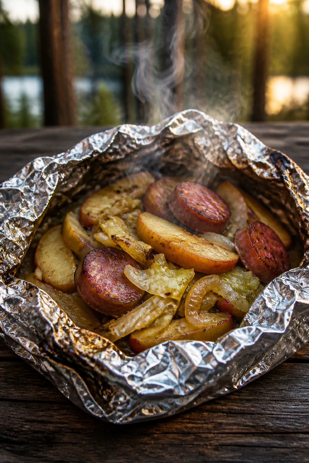 Foil packet with kielbasa apples and cabbage in camping setting