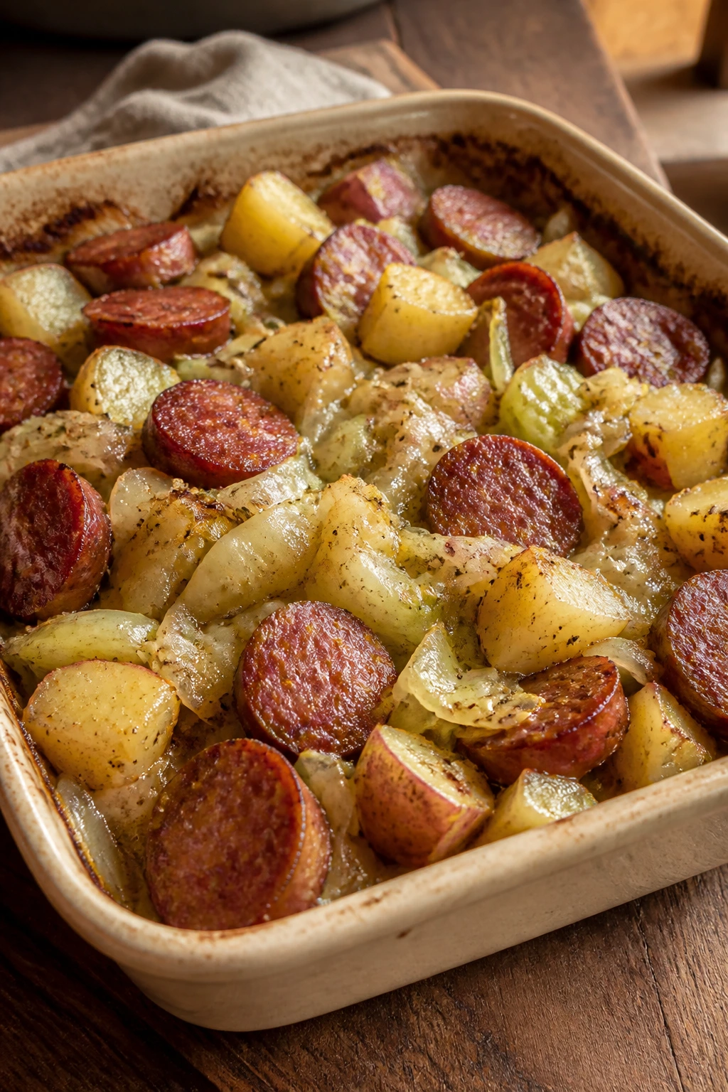 Close-up of Kielbasa, Cabbage, and Potato Casserole showing kielbasa, cabbage, and potato in a single bake