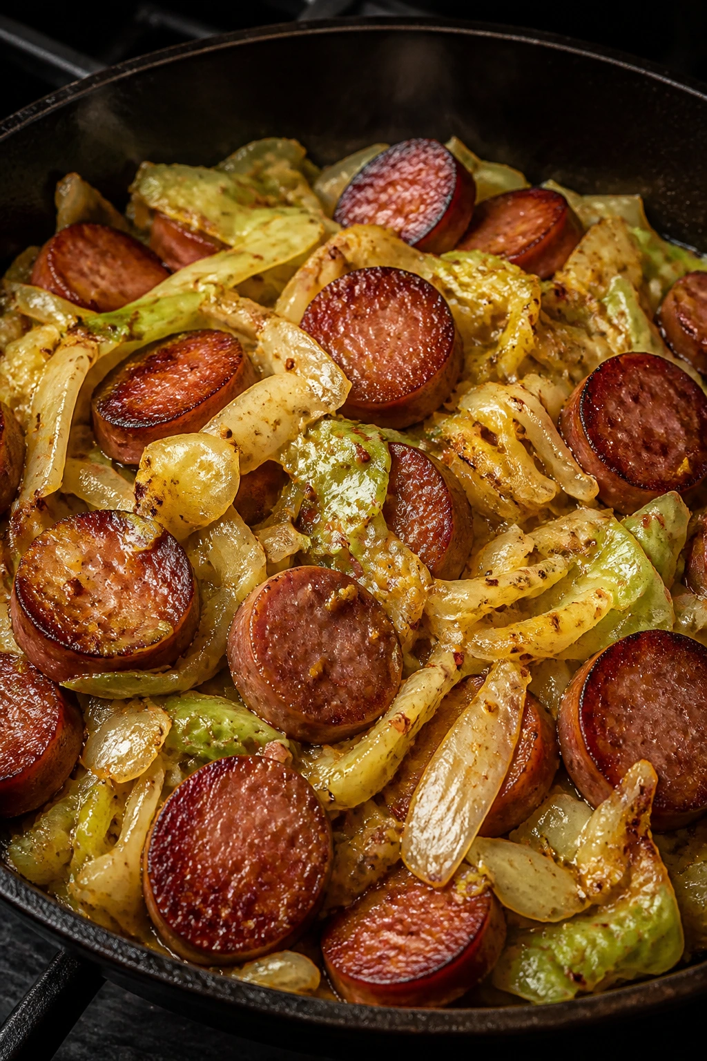 Close-up of kielbasa with cabbage in a tangy mustard skillet