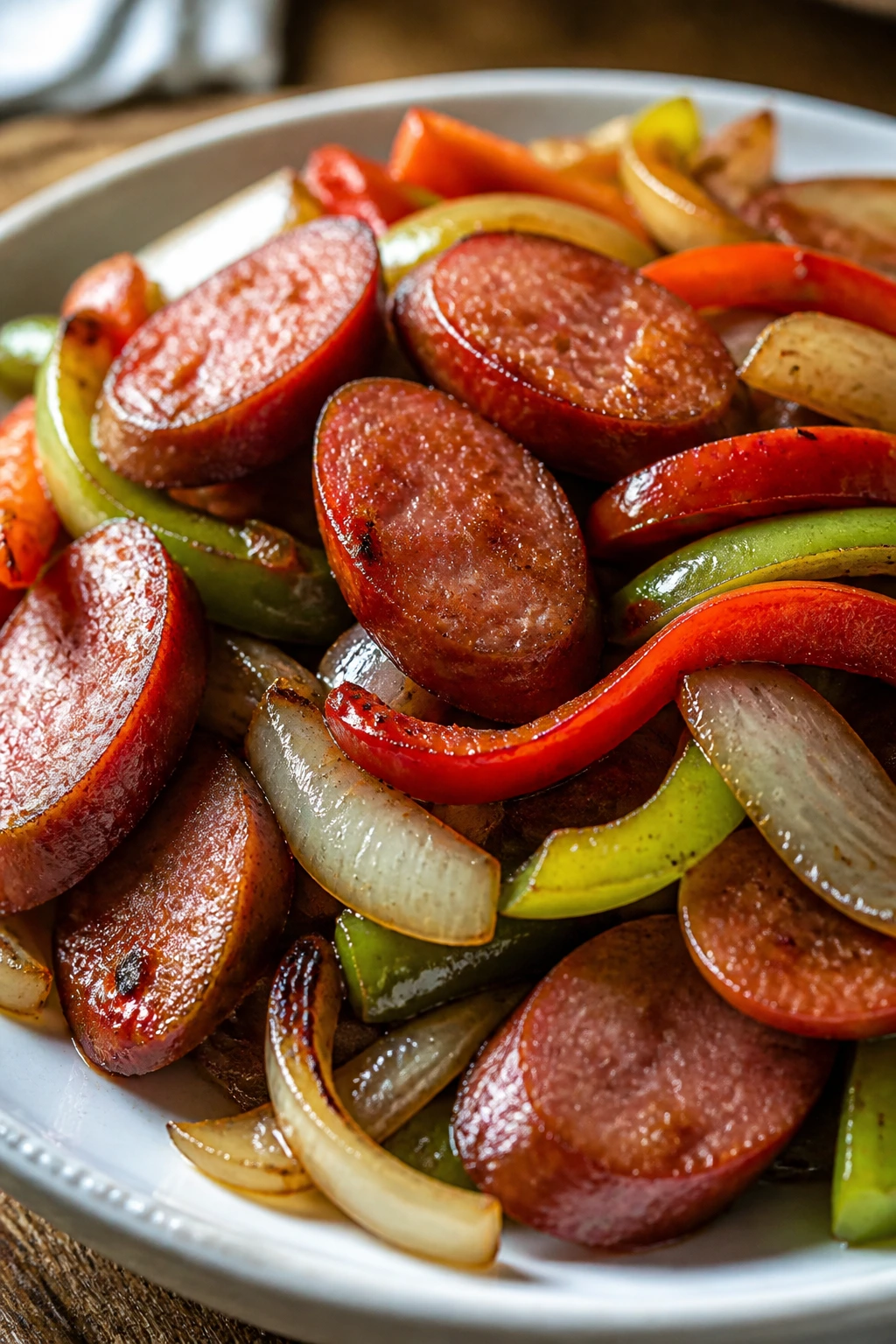 Kielbasa with peppers and onions on a plate in a kitchen.