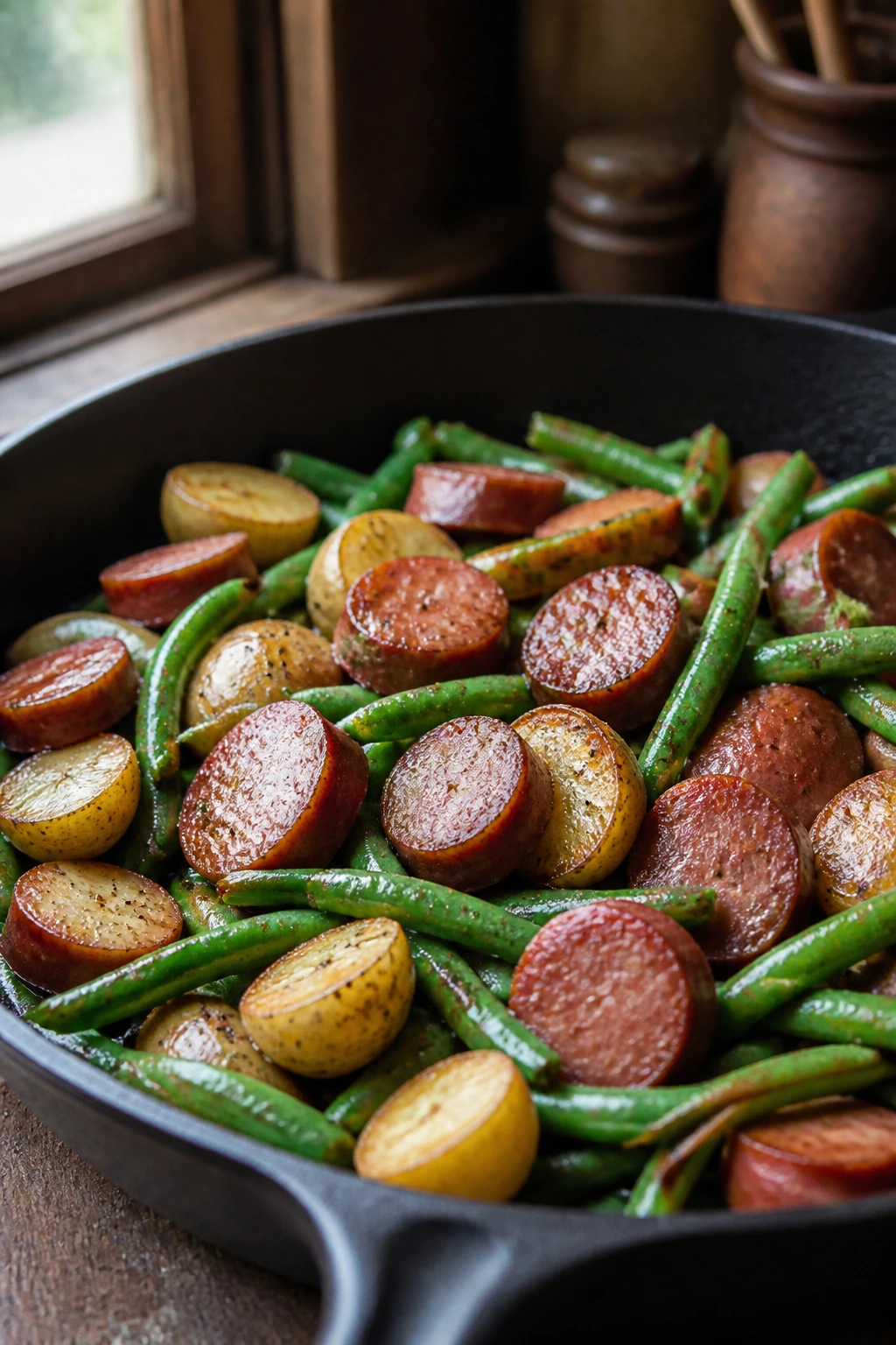 Close-up of kielbasa browning in a skillet with potatoes and green beans