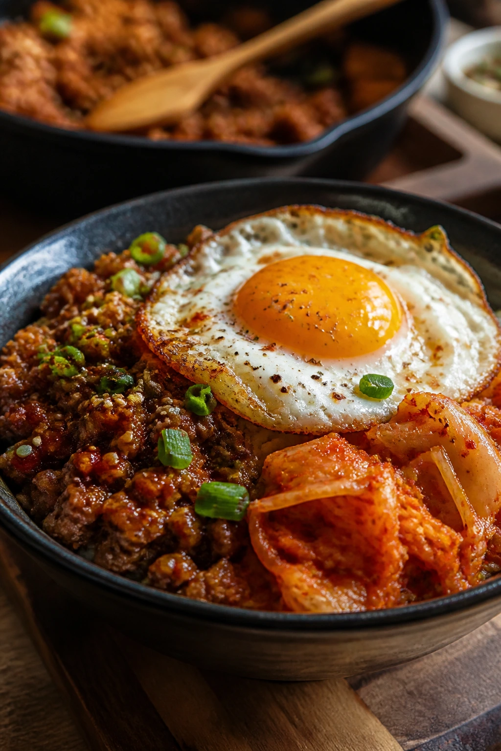 Beef bowl with kimchi and fried egg on top