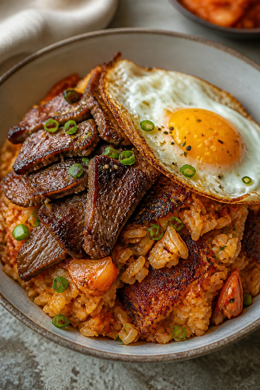 Close-up of kimchi fried rice with beef and crispy edges