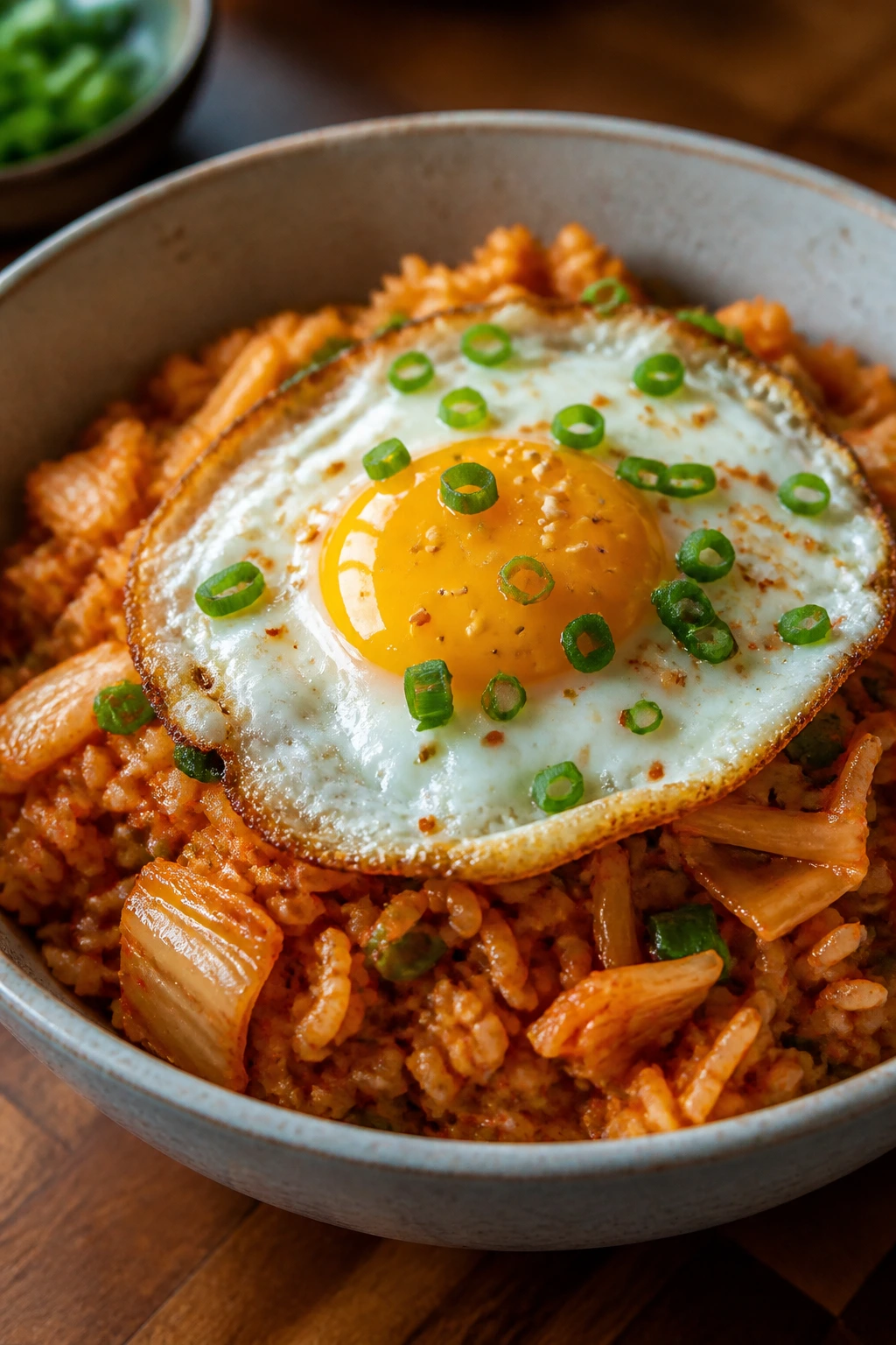 Kimchi fried rice with a fried egg in a bowl under warm kitchen light