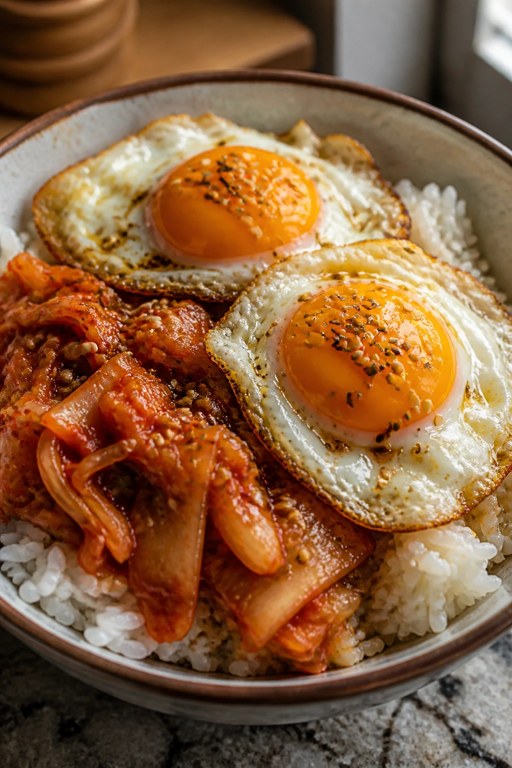 Close-up of kimchi fried eggs on rice with sesame