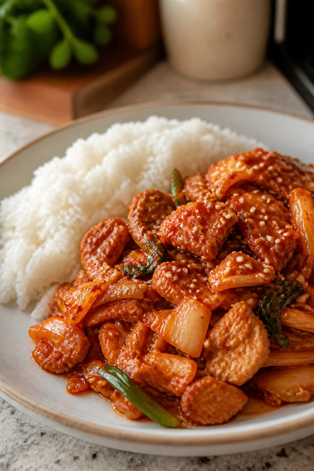 Close-up of kimchi pork stir-fry with rice