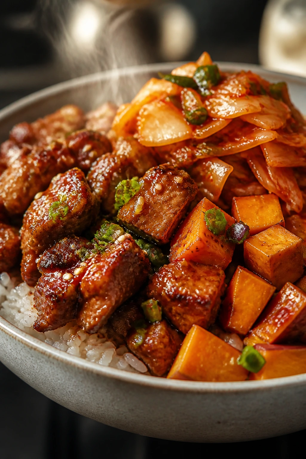Close-up of kimchi pork and sweet potato rice bowl