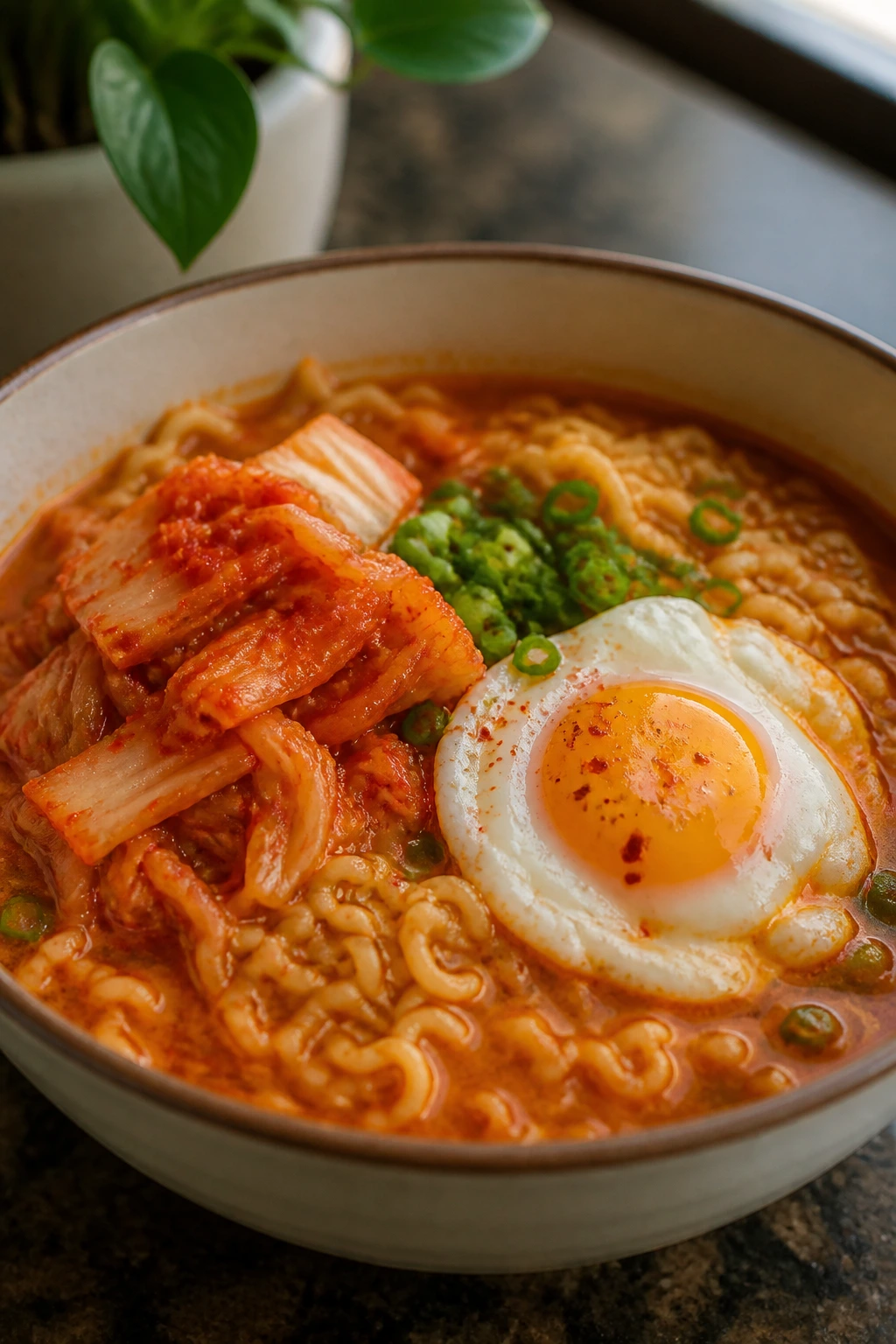 Kimchi ramen with egg and gochujang in a bowl