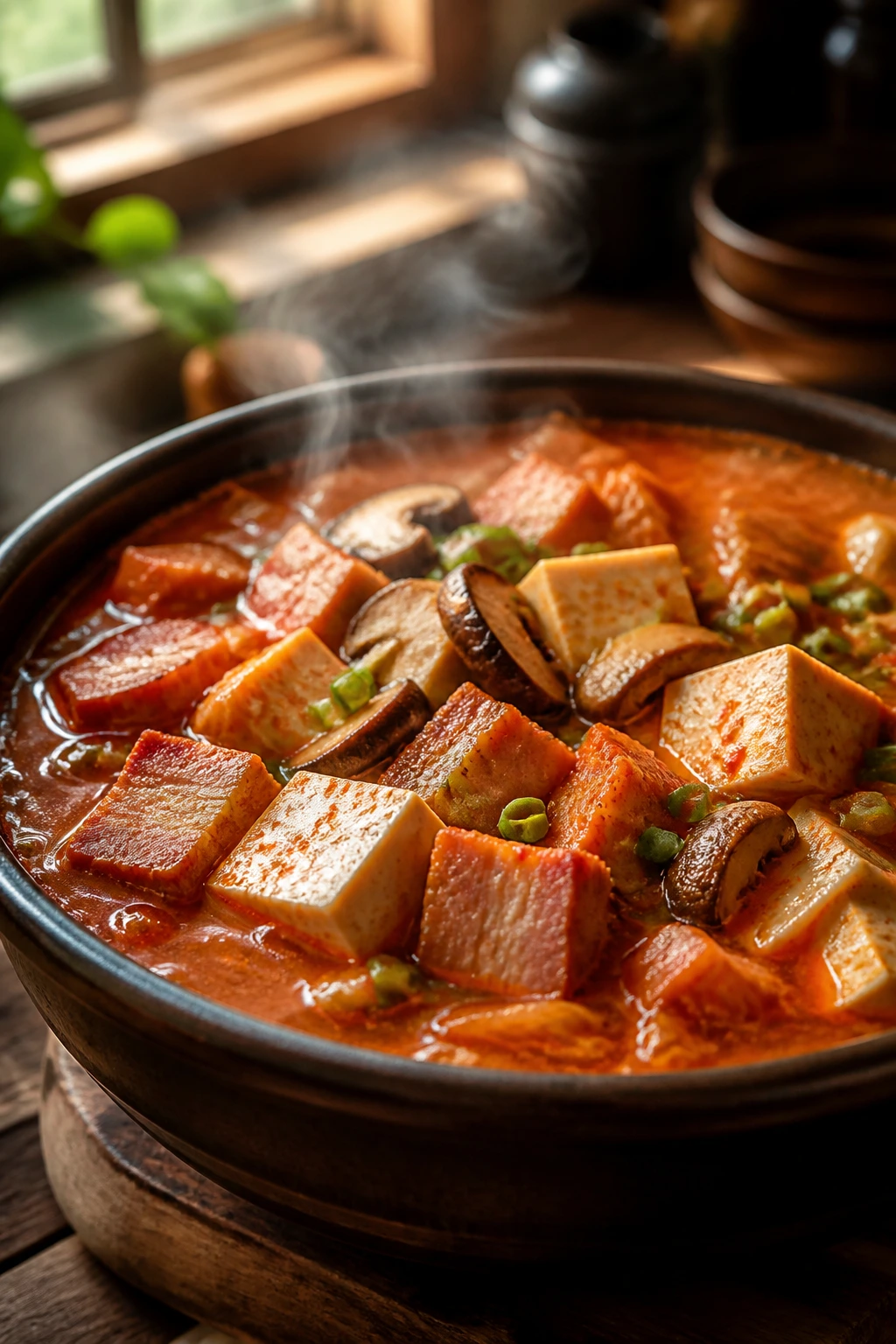 Close-up of kimchi tofu soup with bacon and shiitakes in red broth
