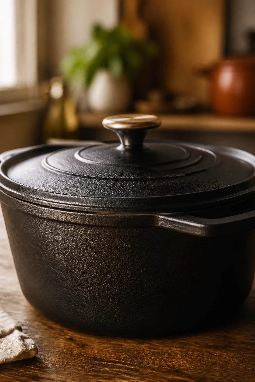 Large Dutch oven featured prominently in a cozy kitchen