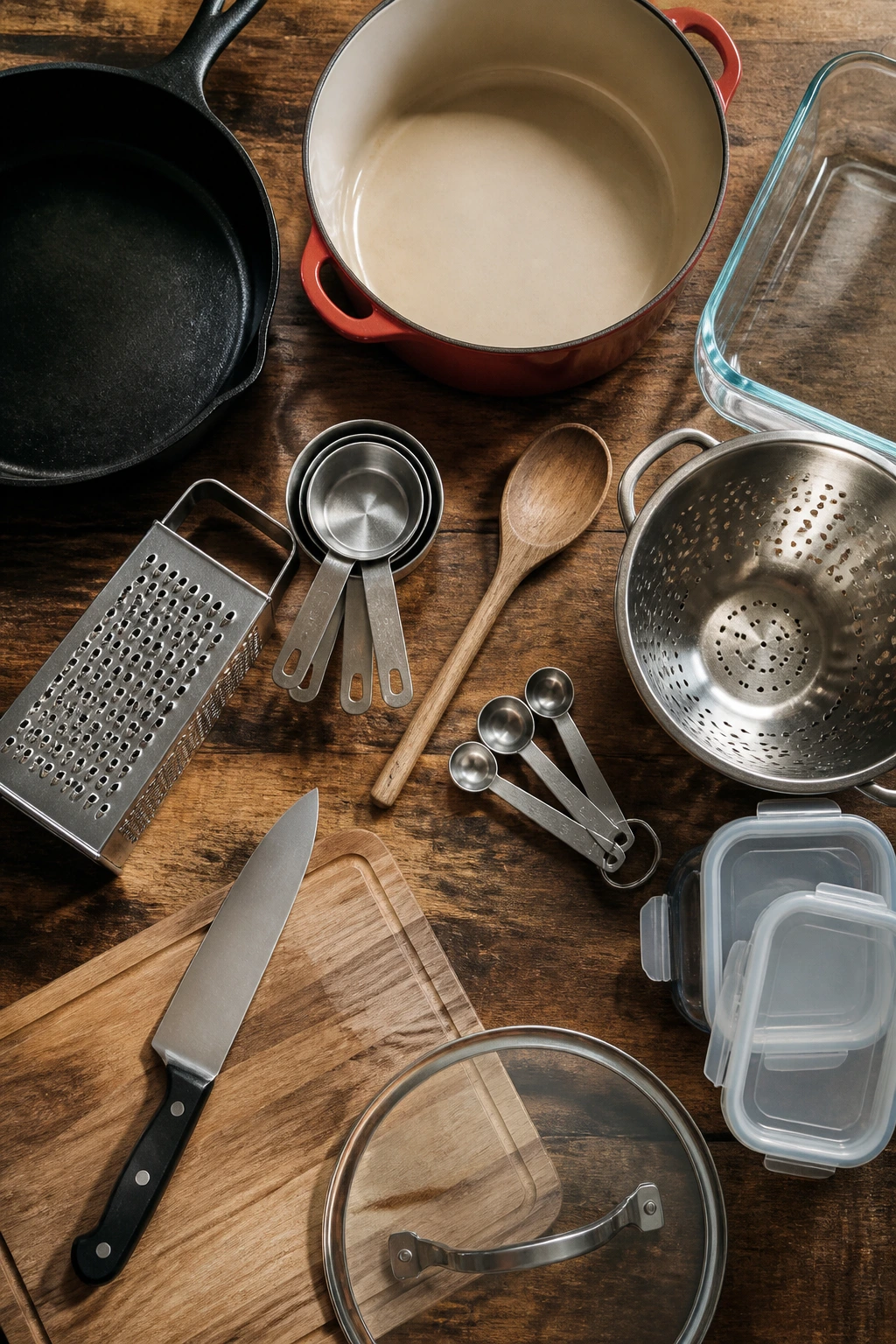 Top-down view of essential kitchen equipment laid out on a counter