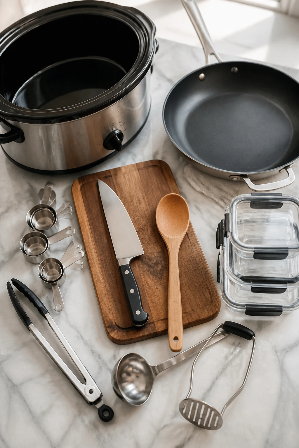 Top-down montage of essential kitchen equipment on a counter