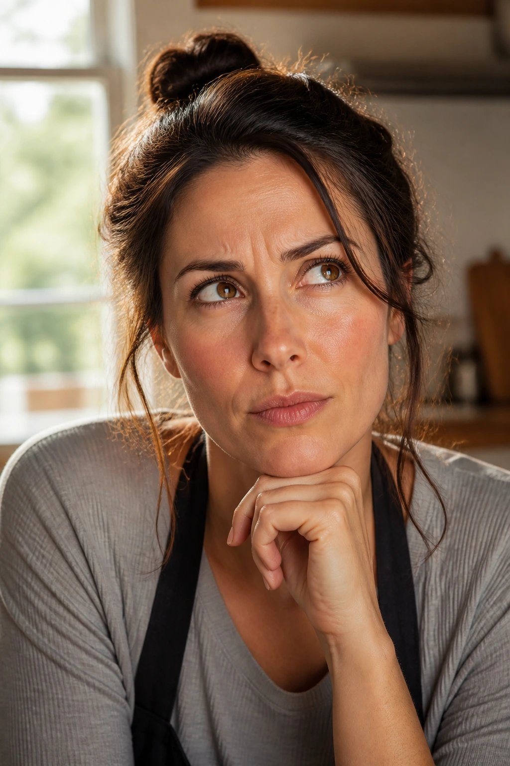 Portrait of a real person in a kitchen looking thoughtful