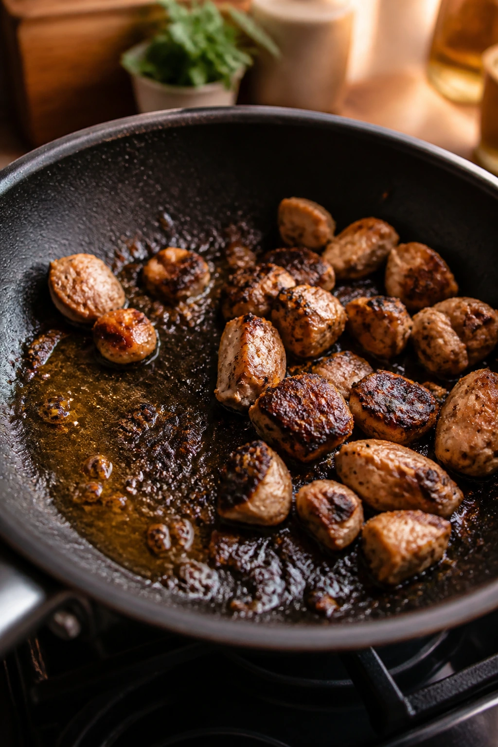Skillet with uneven browning and oil pool illustrating cooking mistakes