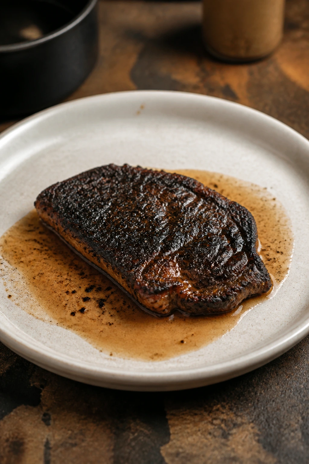 Close-up of a burnt steak on a plate in a warm kitchen, illustrating common kitchen mistakes