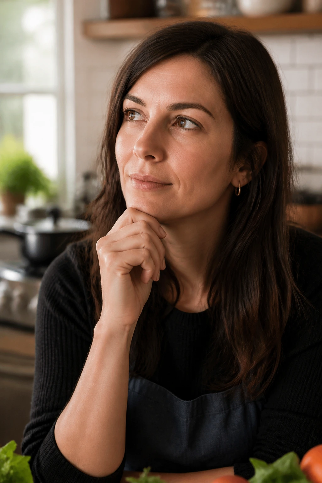 Portrait of a real person in a kitchen, thoughtful expression.