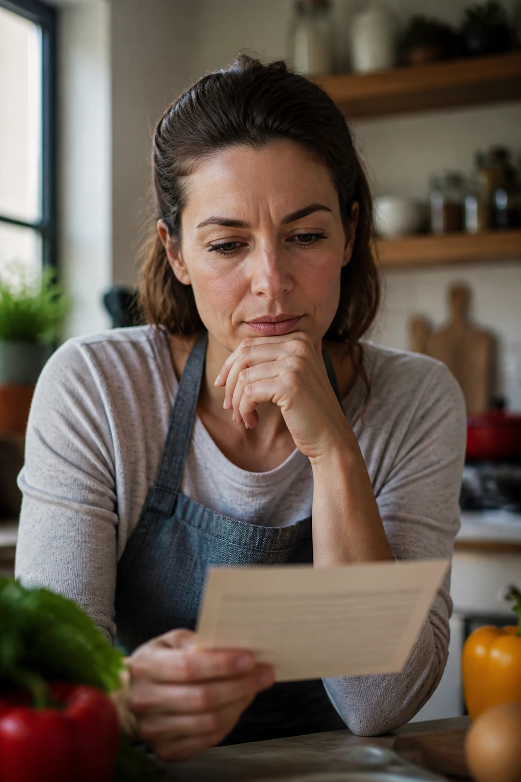 Portrait of a person in a kitchen contemplating a recipe