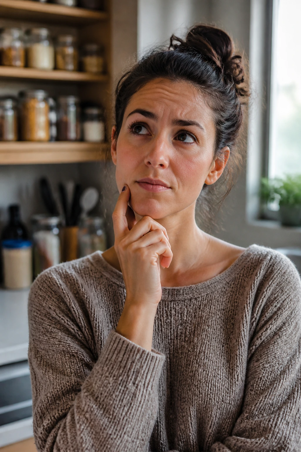 Real person portrait in a kitchen looking thoughtful