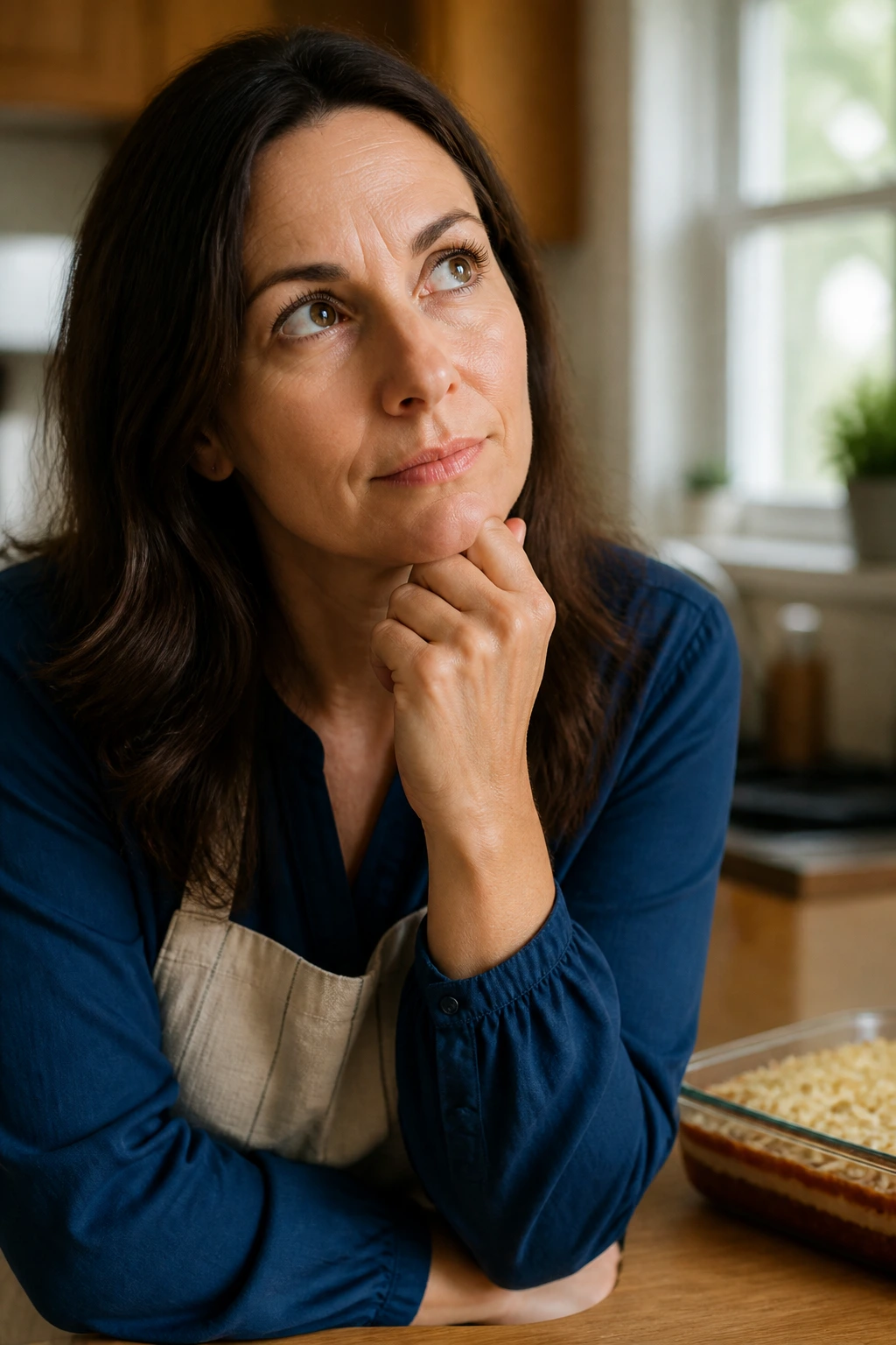 Close-up portrait of a thoughtful parent in a kitchen, implying casserole FAQ