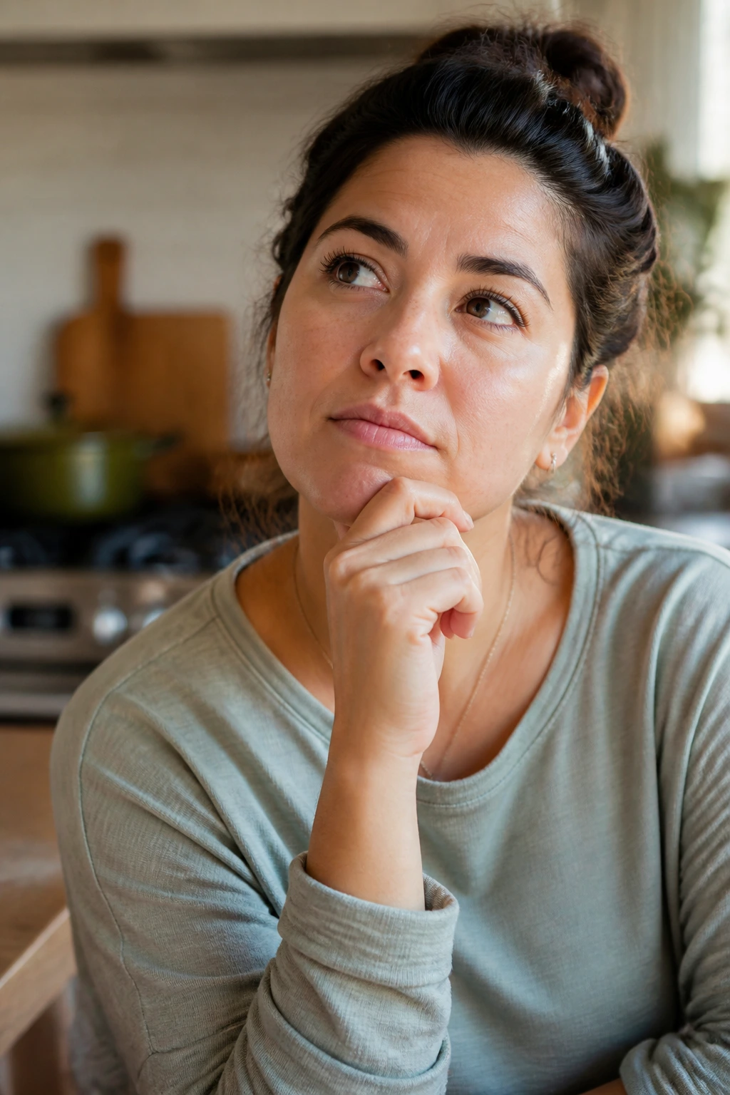 Portrait of a real person in a kitchen with a thoughtful expression