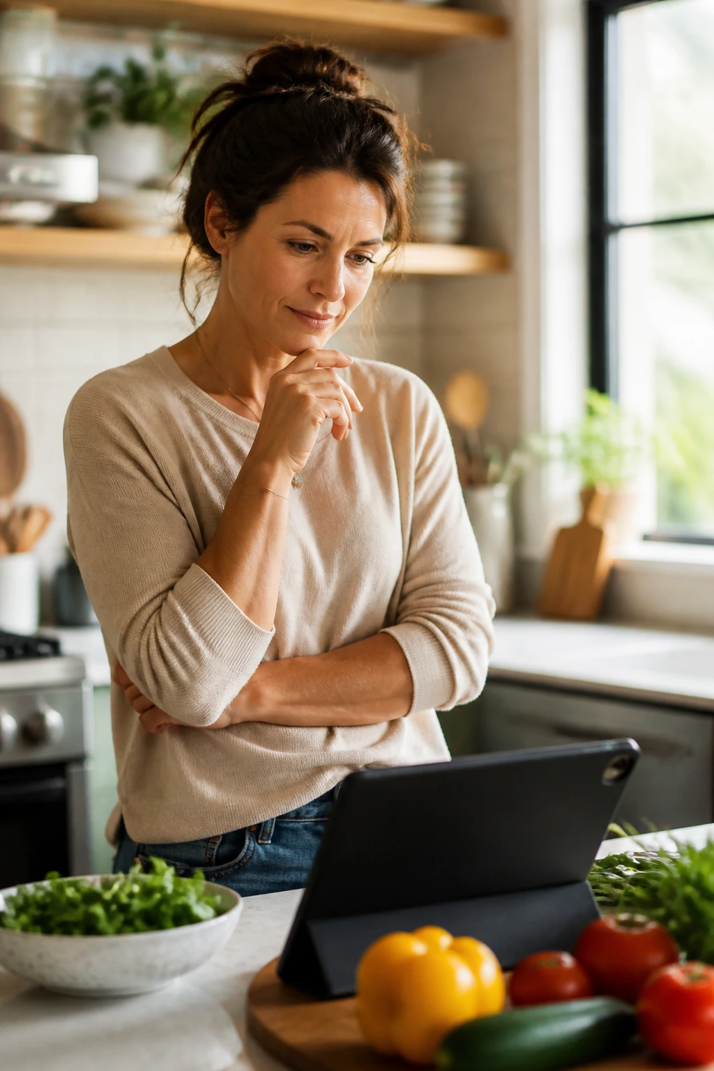 Portrait of a person in a kitchen appearing thoughtful while considering dinner ideas.