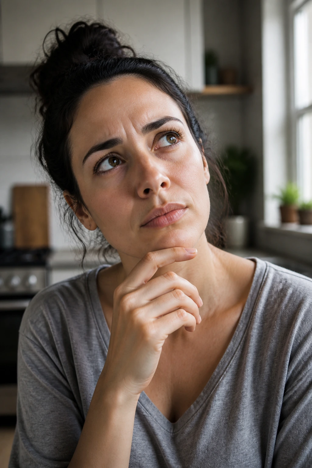 Portrait of a real home cook in kitchen thinking