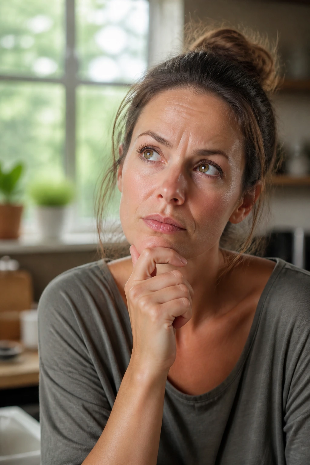 Real person in a kitchen, thoughtful expression, answering questions vibe.