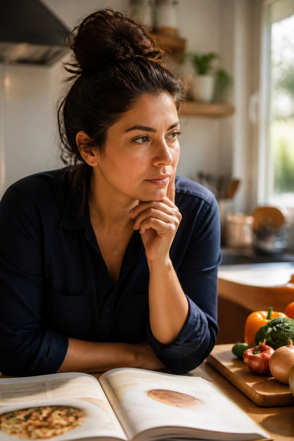 Real person in a kitchen portrait looking thoughtful before cooking