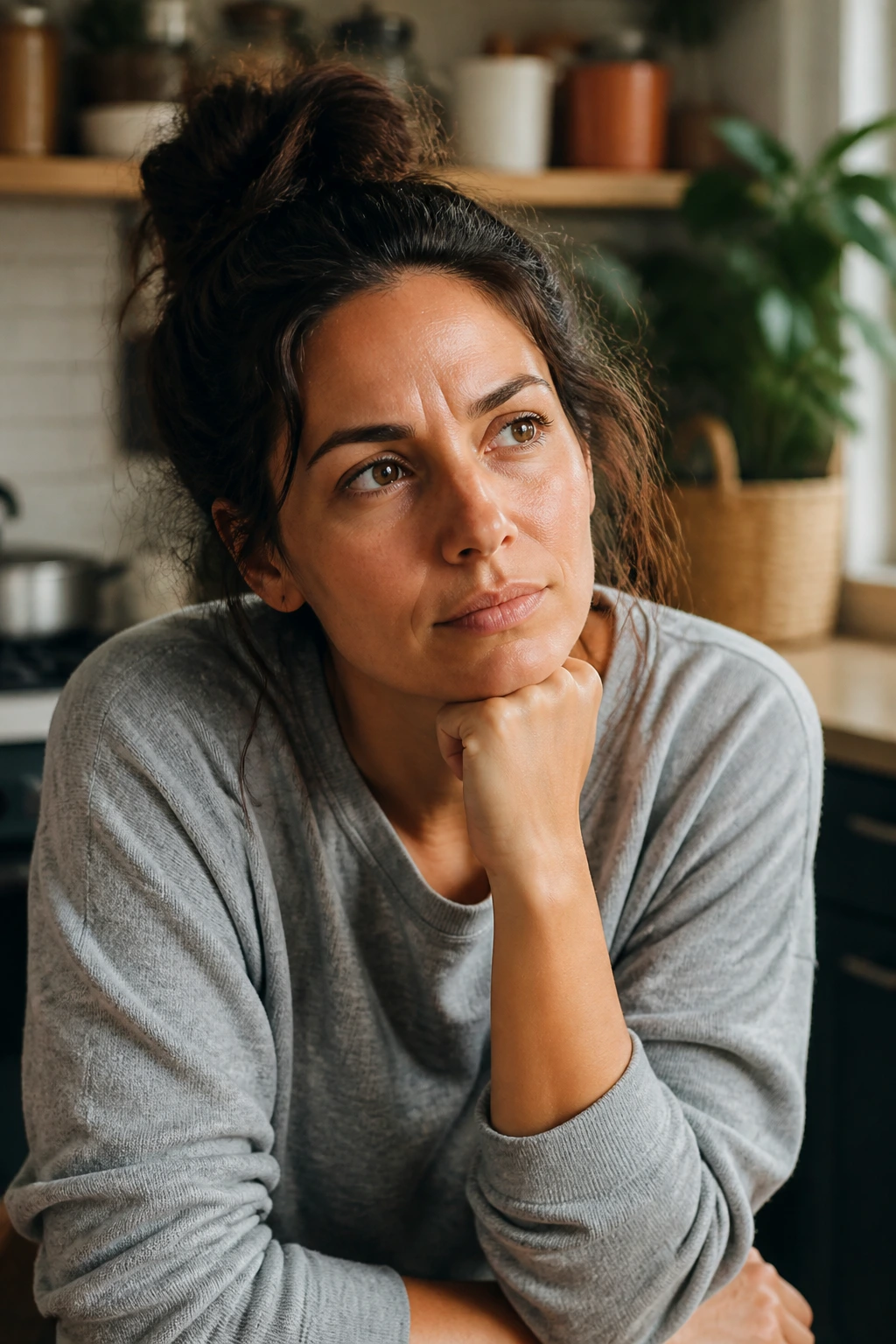 Close-up portrait of a real person in a cozy kitchen, thoughtful expression
