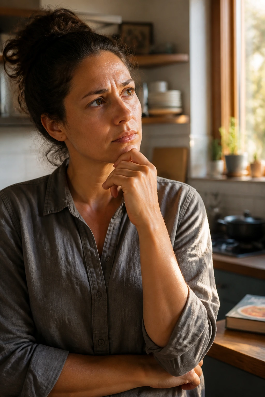 Close-up portrait of a real person in a cozy kitchen with a thoughtful expression and warm window light