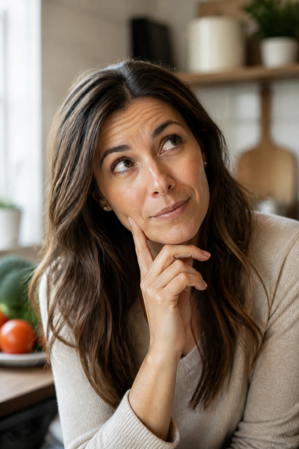 Medium close-up of a thoughtful person in a kitchen representing FAQs about low-carb dinners