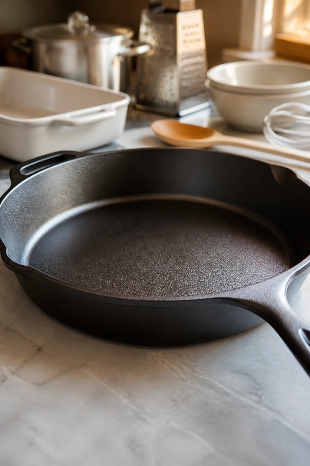 Close-up of a large skillet on a kitchen counter