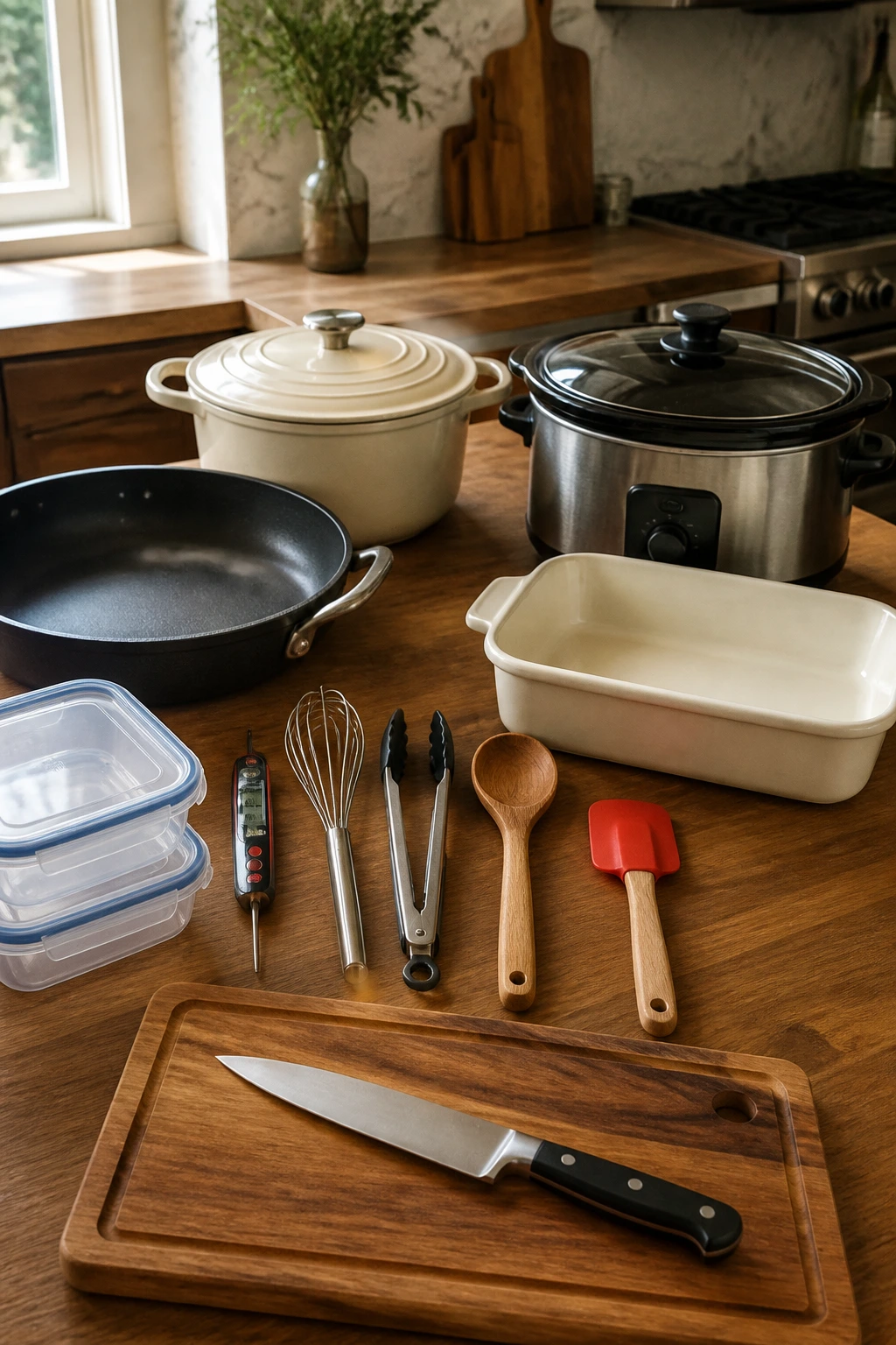 Close-up of essential kitchen counter tools for smothered chicken prep on wood