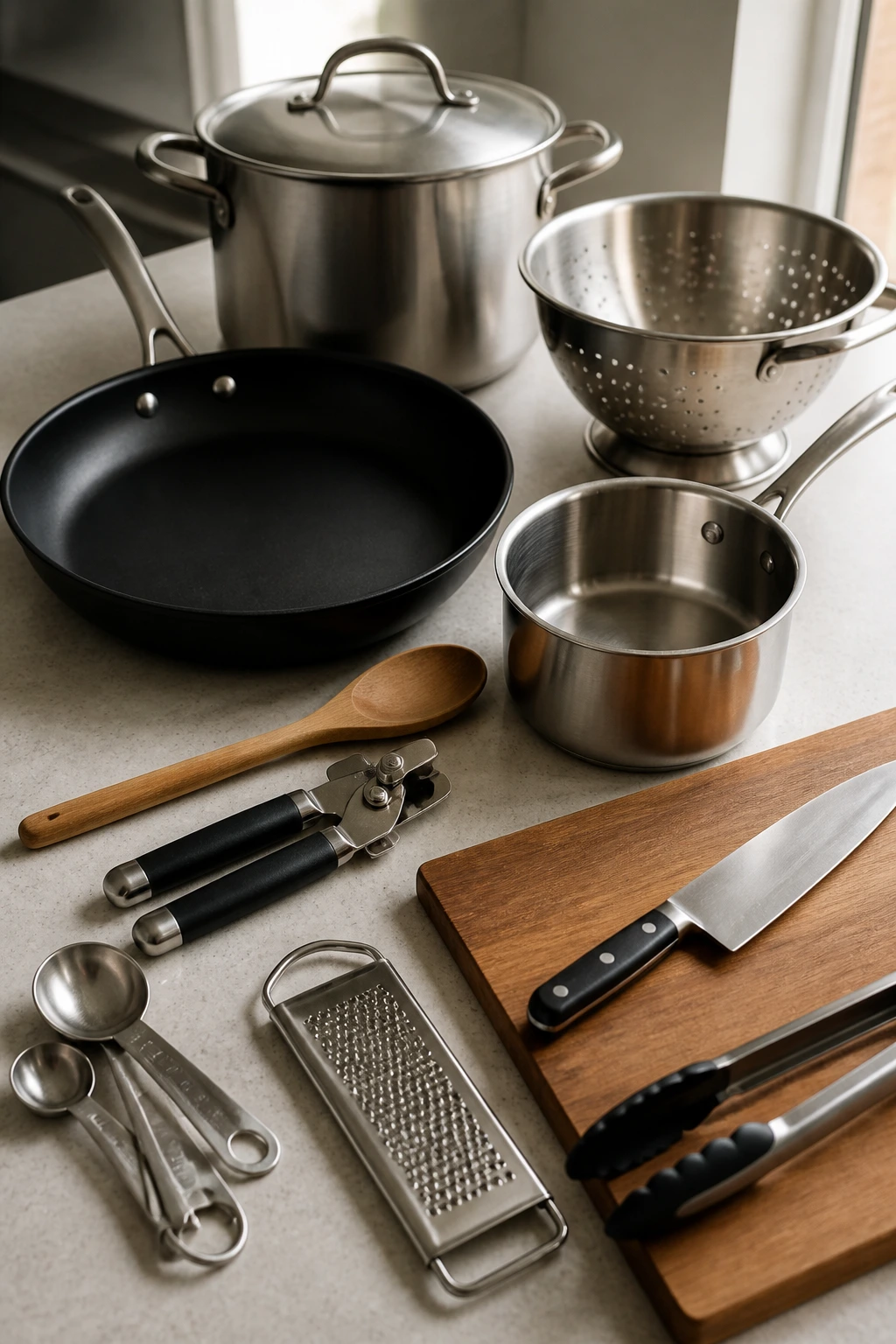 Unbranded skillet, saucepan, lid, colander, wooden spoon, and knife arranged on a counter