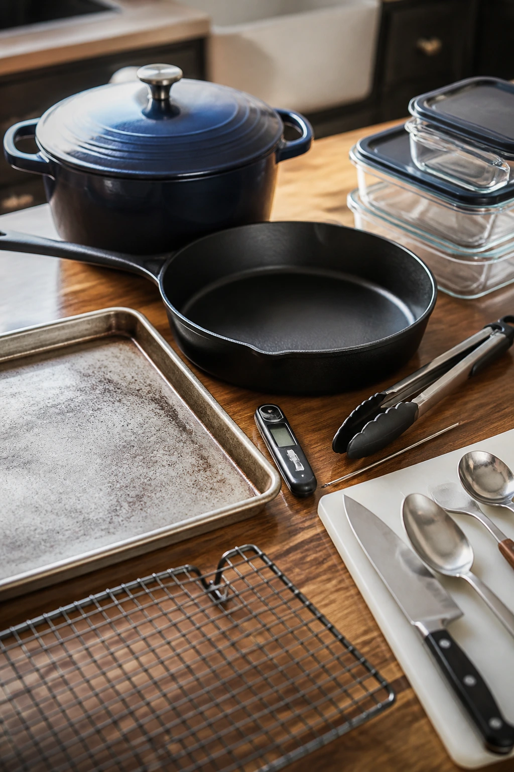 Close-up of essential kitchen tools for chicken thighs on a wooden counter