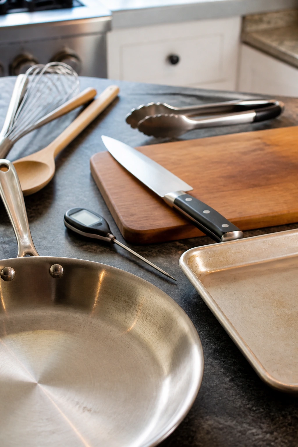 Essential kitchen tools arranged on dark counter