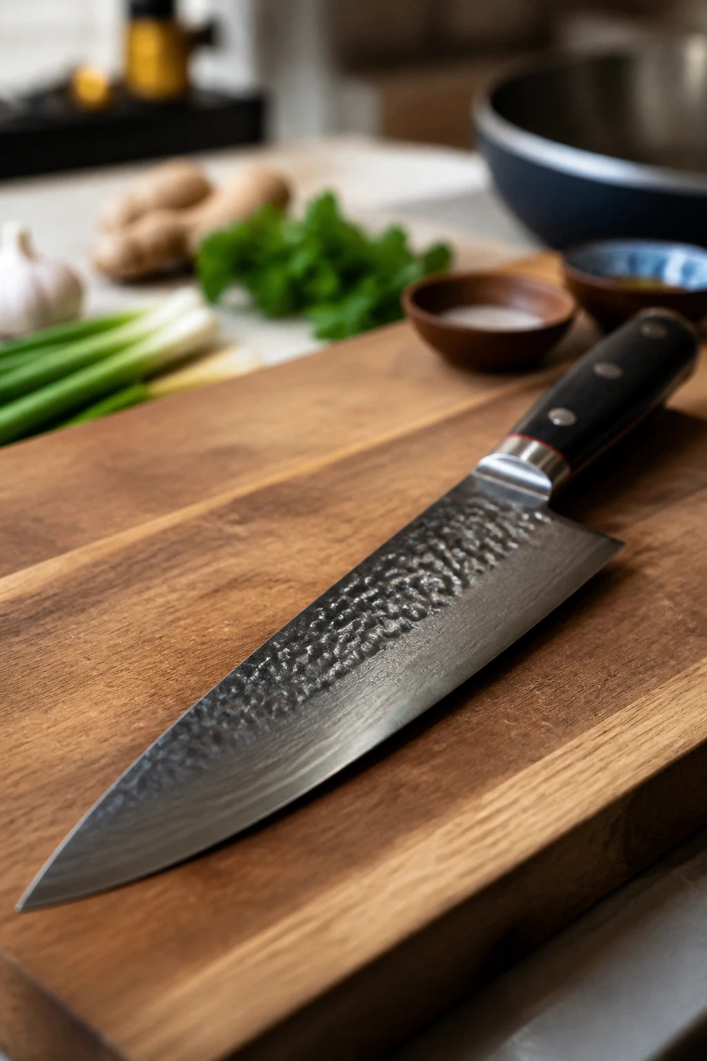 Close-up of a sharp chef's knife on a cutting board in a kitchen, highlighting essential equipment