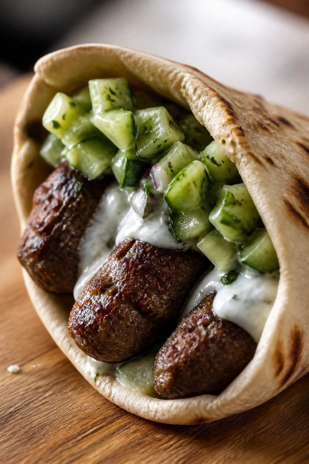 Close-up of beef kofta pita with cucumber relish and yogurt sauce