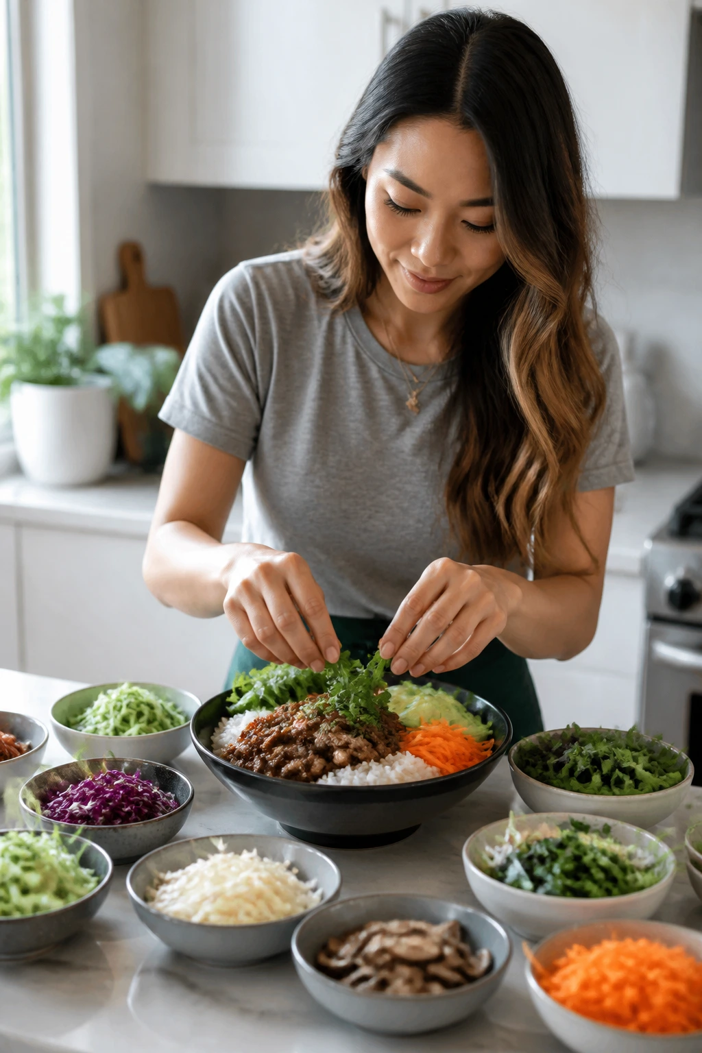 Real person in a kitchen demonstrating bowl customization with different toppings