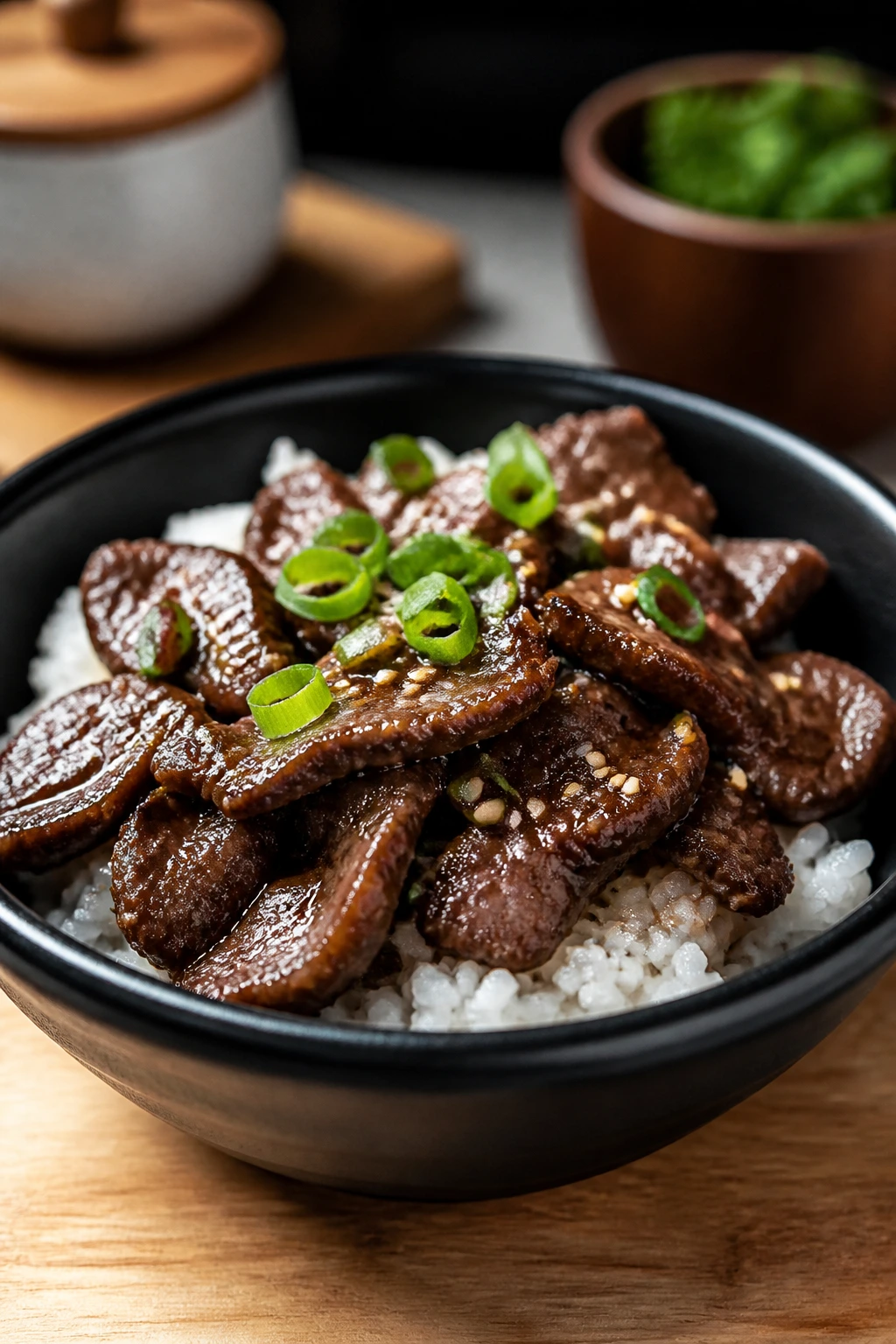 Close-up of a glossy Korean beef bowl over rice in a kitchen