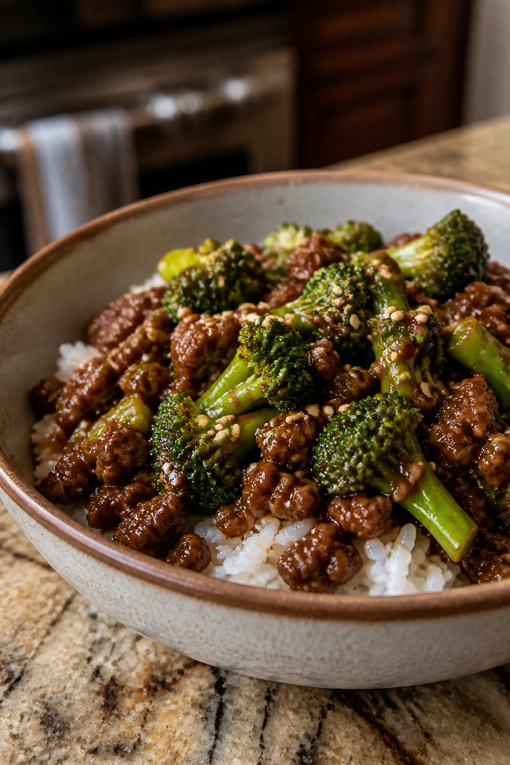 Beef and broccoli bowl with glossy sesame sauce.