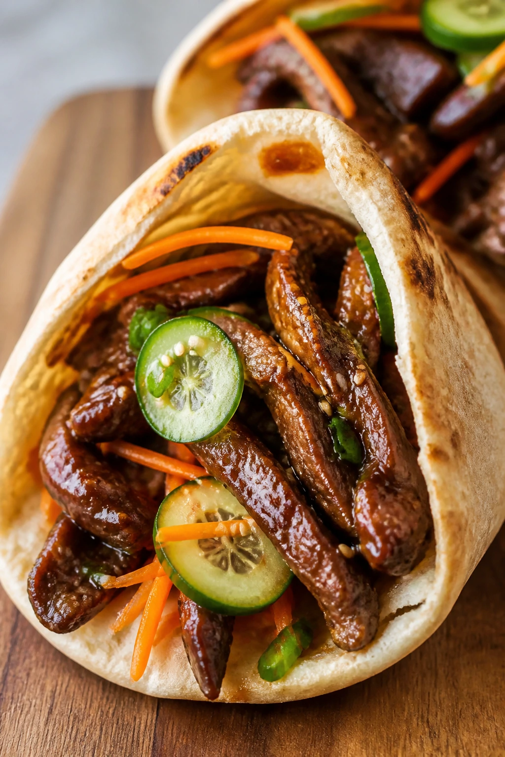 Close-up of Korean beef pita with quick pickles